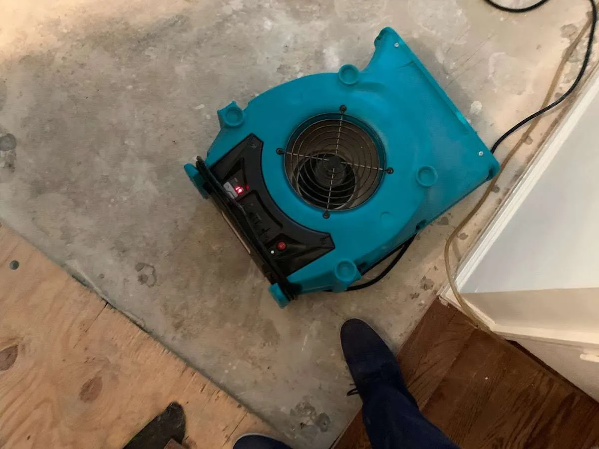 Air mover drying subfloor during Commercial Water Damage Restoration in Merrifield